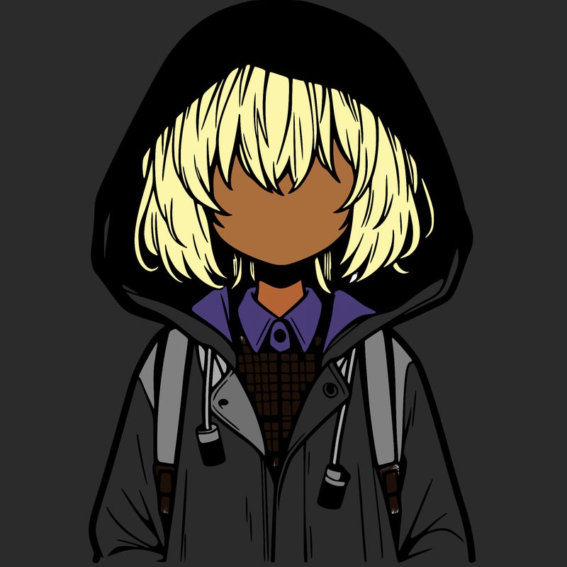 little anime girl in a raincoat her hair is covering her eyes she has a lighter