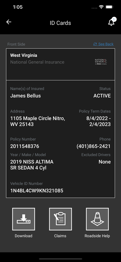 National General - Digital insurance ID card displayed in the National General app.