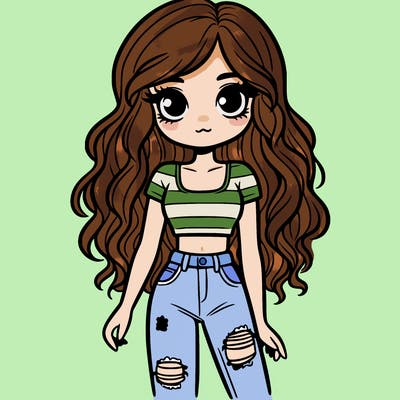 a girl with long wavy hair and has a crop top and ripped jeans on