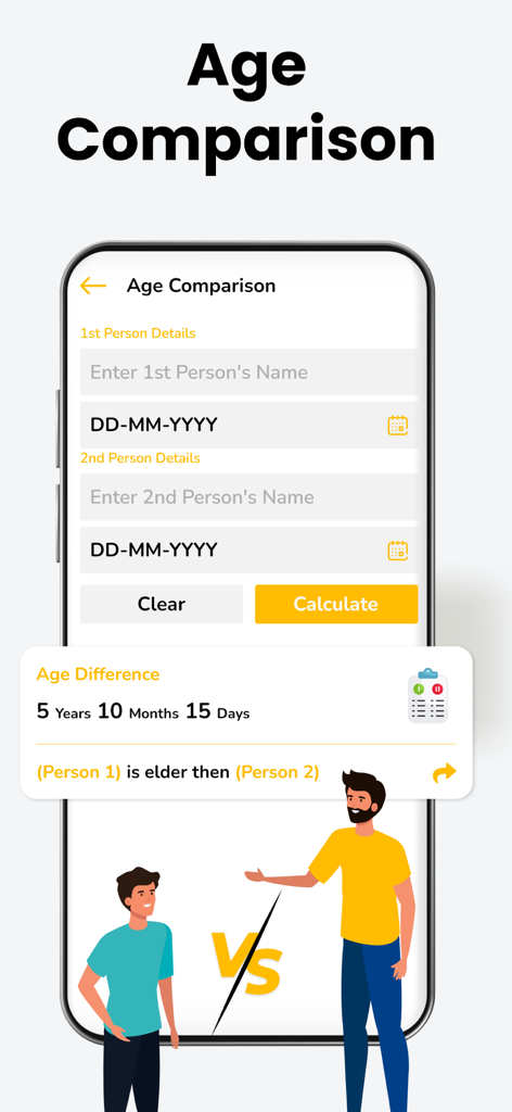 Age Calculator - Date of Birth - Interface showing the age comparison feature to calculate the exact time difference between two people