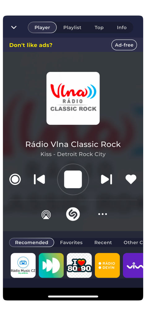 Radio Slovakia FM app player interface showing Radio Vlna Classic Rock with playback controls and Shazam integration button