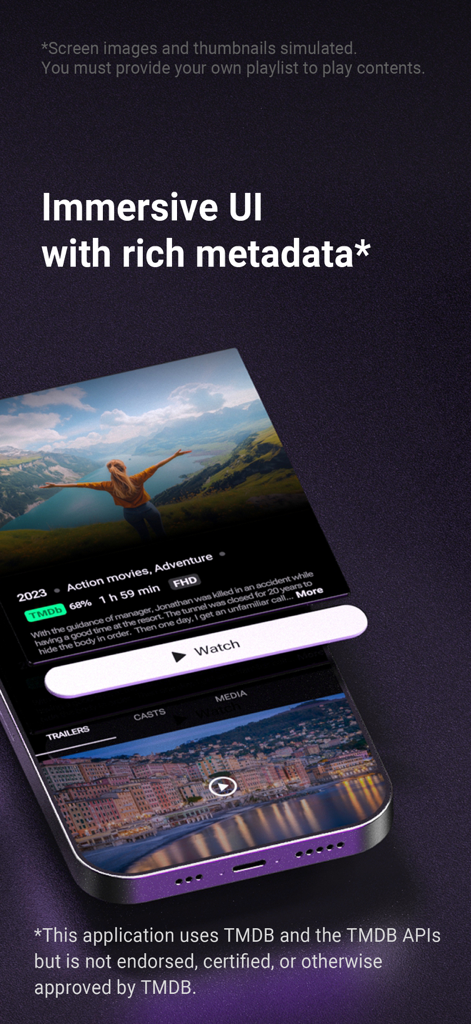 Smartphone screen showing the MYTVOnline plus IPTV player immersive VOD interface with rich metadata