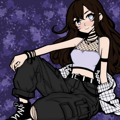 anime girl with a crop top and ripped jeans