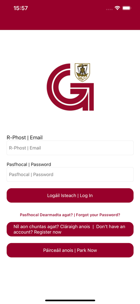 Login screen of the Galway City Parking app with bilingual English and Irish fields for email and password.
