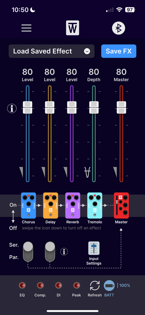 ToneWoodAmp remote - Interfaz de la aplicación ToneWoodAmp remote con deslizadores y pedales virtuales para el control de efectos de guitarra