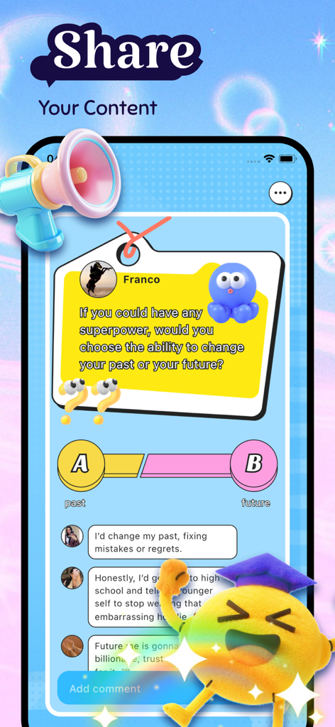Noura - Share & Fun - Screenshot of Noura app showing a social poll asking if users would prefer to change the past or future with community voting and comments.