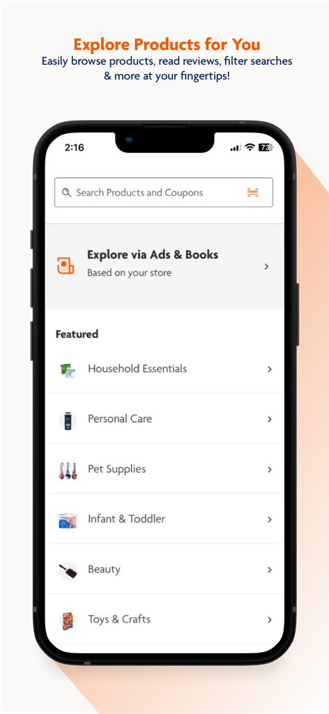 A screen from the Family Dollar app showing various product categories like household essentials, personal care, and pet supplies under the featured section.