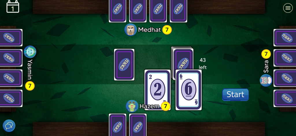 Skru - A multiplayer card game match in progress on a green table within the Skru app interface.