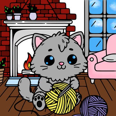 cute kitty playing with yarn in a house background with a fireplace