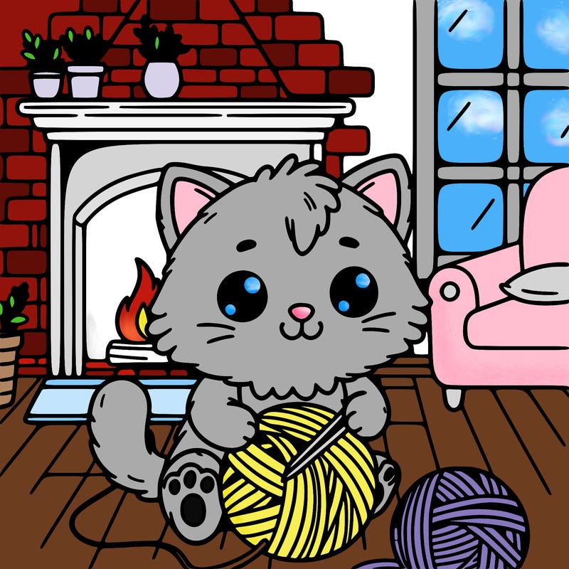 cute kitty playing with yarn in a house background with a fireplace