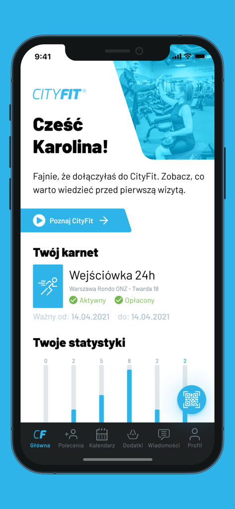Startbildschirm der CityFit-App, der den aktiven Fitnessstudio-Mitgliedsausweis und Statistiken zur Trainingsaktivität anzeigt