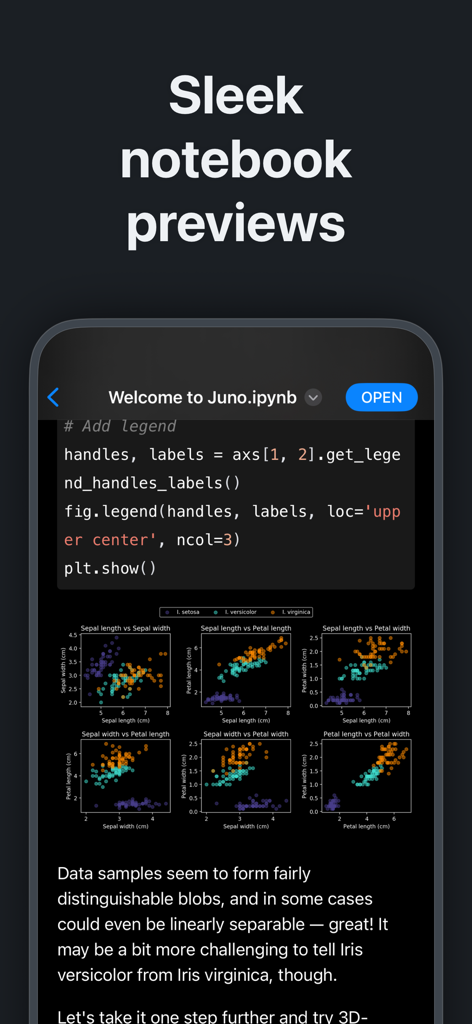Pré-visualização de notebook Jupyter no aplicativo Juno com código Python e gráficos de visualização de dados