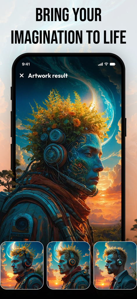 AI Art Generator & Editor - Mobile app interface showing an AI generated portrait of a futuristic character under a crescent moon