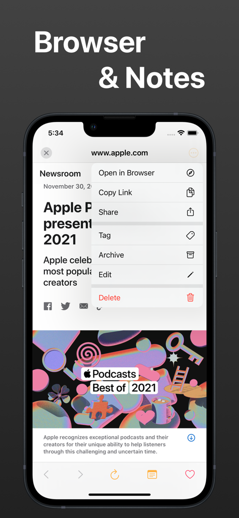 Captura de tela do aplicativo Bookmark mostrando um navegador interno com um menu para marcar, arquivar e editar URLs salvas.