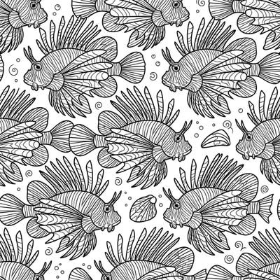 Explore the mesmerizing world beneath the waves with this intricate lionfish seamless pattern. This unique design offers endless creative possibilities, inviting you to add vibrant colors to its repeating marine motifs.