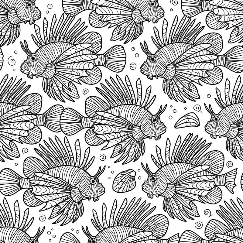 Explore the mesmerizing world beneath the waves with this intricate lionfish seamless pattern. This unique design offers endless creative possibilities, inviting you to add vibrant colors to its repeating marine motifs.