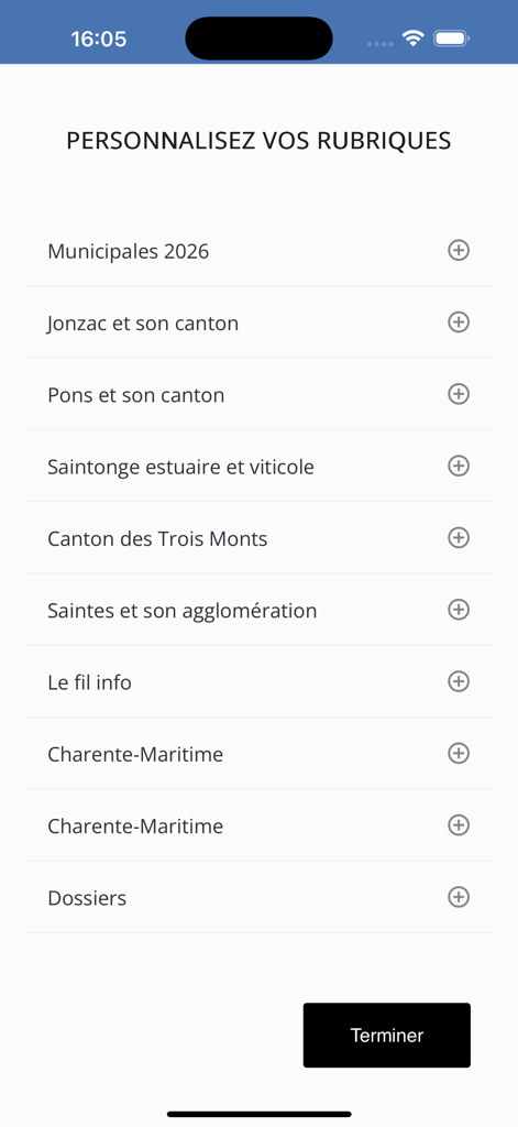 Interface de l'application Journal Haute Saintonge permettant aux utilisateurs de personnaliser les sections d'actualités en choisissant des zones locales comme Jonzac, Pons et Saintes.
