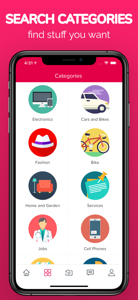 Tradet Marketplace app search categories screen showing icons for electronics cars fashion and services