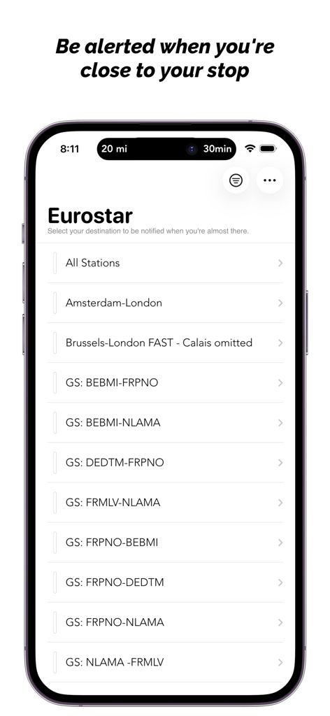 Eurostar Destinations - L'interface de l'application Eurostar Destinations montre une liste de trajets de train pour définir des notifications d'arrivée