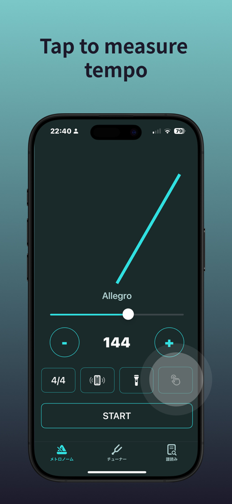Fuyomi - Interfaz del metrónomo de la aplicación Fuyomi con una herramienta de tocar para medir el tempo