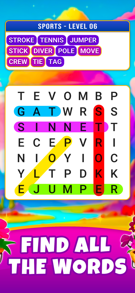 Word Search: Find Hidden Word - Word search puzzle game screen showing a sports level with multiple words highlighted in different colors on a grid.