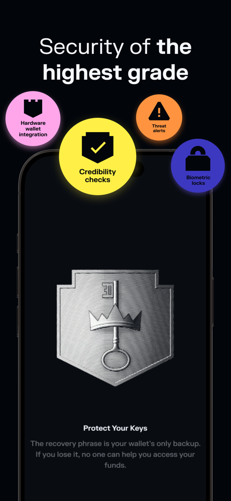 Solflare Wallet Sicherheitsbildschirm, der Hardware-Integration, Bedrohungsalarme und biometrische Sperren zeigt