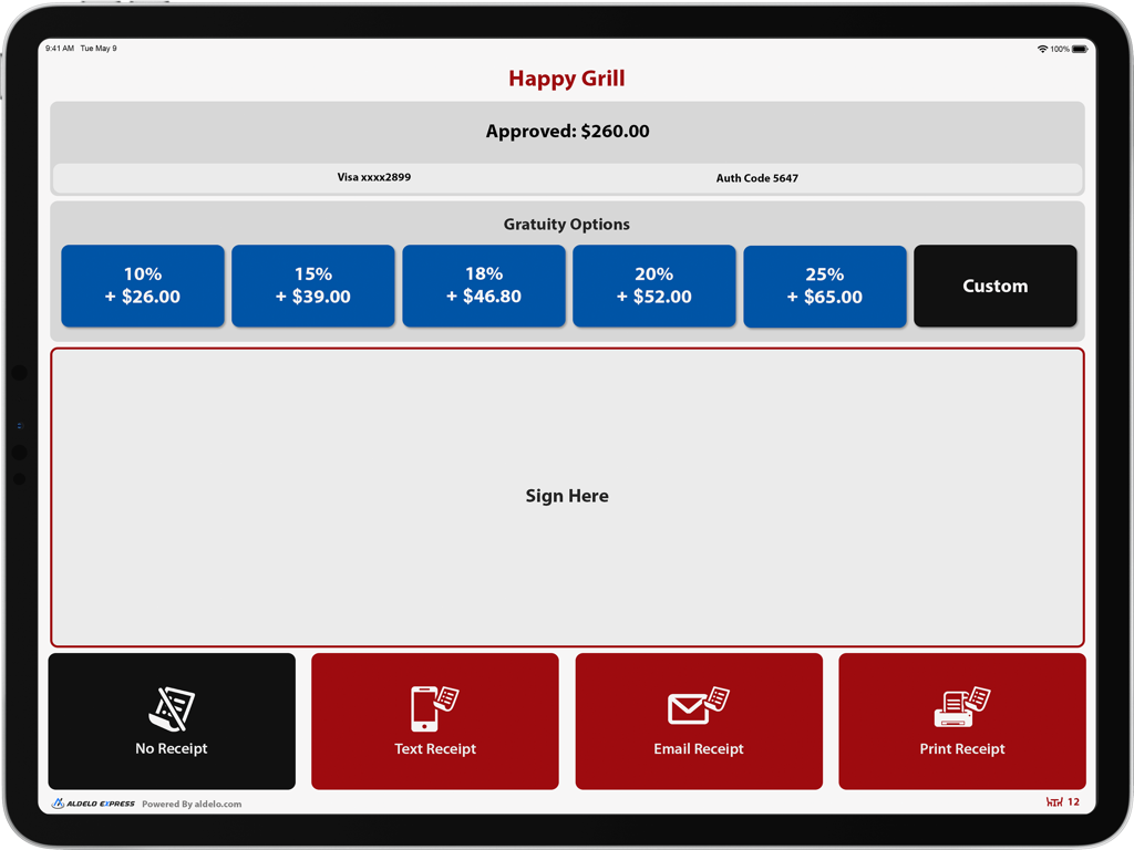 Aldelo Restaurant Kiosk checkout interface featuring tip options signature pad and receipt preferences