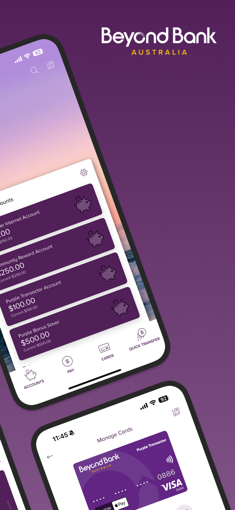 Beyond Bank Australia mobile app screens showing account balances and digital card management interface