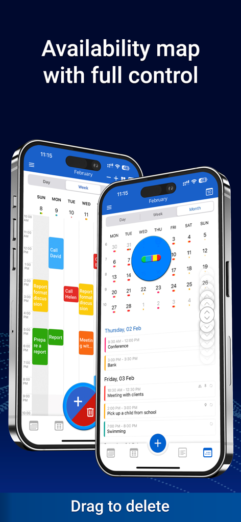 Calendar: To Do List & Notes - MC Calendar app screenshots showing week and month availability views with a drag to delete feature