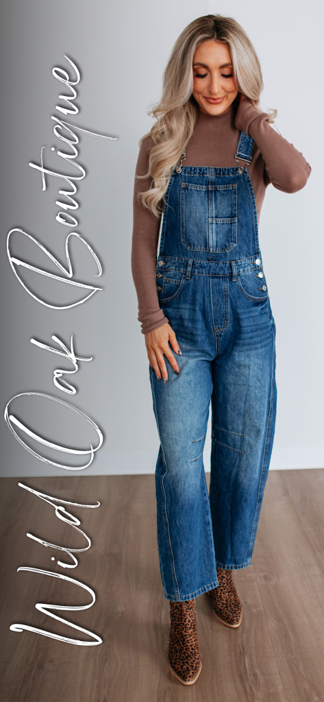 Wild Oak Boutique - Woman wearing blue denim overalls and leopard print boots
