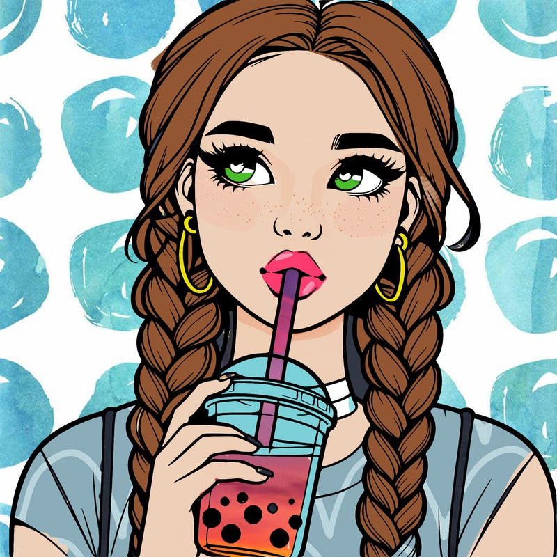 realistic girl with braided hair drinking boba