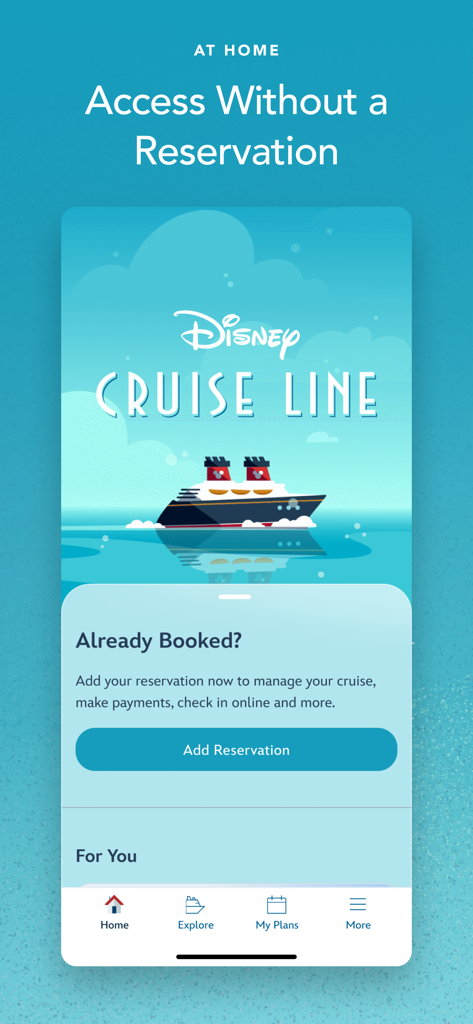 Disney Cruise Line Navigator - Disney Cruise Line Navigator app home screen with a cruise ship illustration and reservation management options.