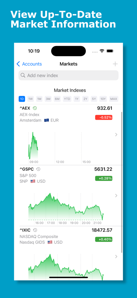 eyeStock - Smartphone screen displaying real-time stock market indexes and performance charts in the eyeStock app