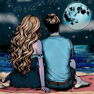 realistic couple on beach sat looking out to sea under the moon woman has long wavy hair man has short hair