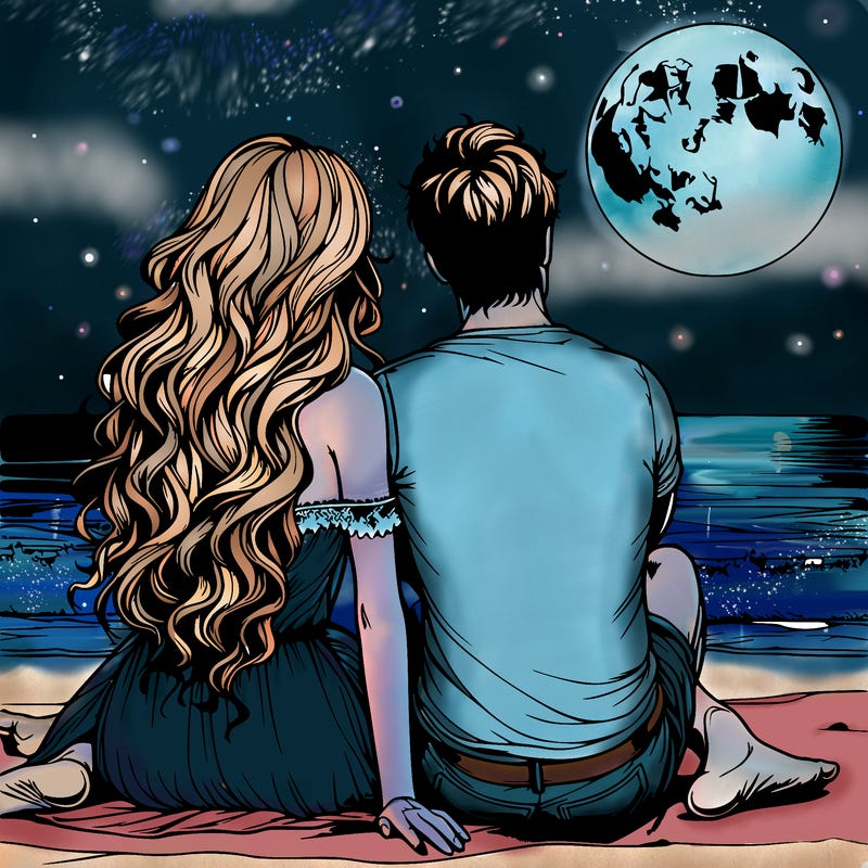 realistic couple on beach sat looking out to sea under the moon woman has long wavy hair man has short hair