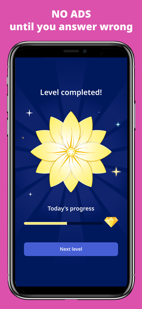 A smartphone screen showing a level completed message with a yellow lotus flower and a progress bar from the Zen Quiz app