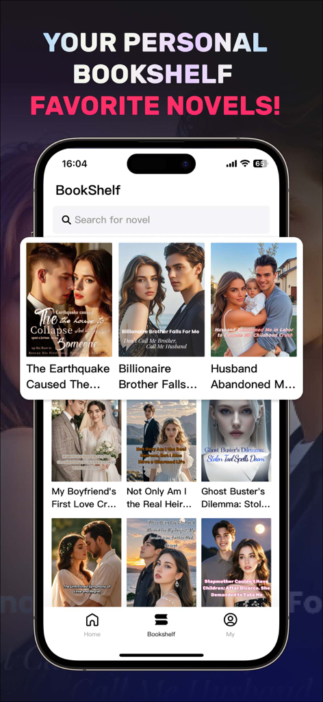 Interface do aplicativo Novel Master mostrando uma estante digital personalizada com várias capas de histórias curtas de romance e drama