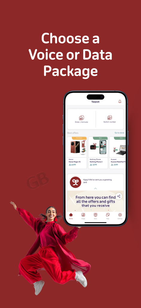 Yaqoot app interface showing options to choose voice or data packages and shop for smart devices