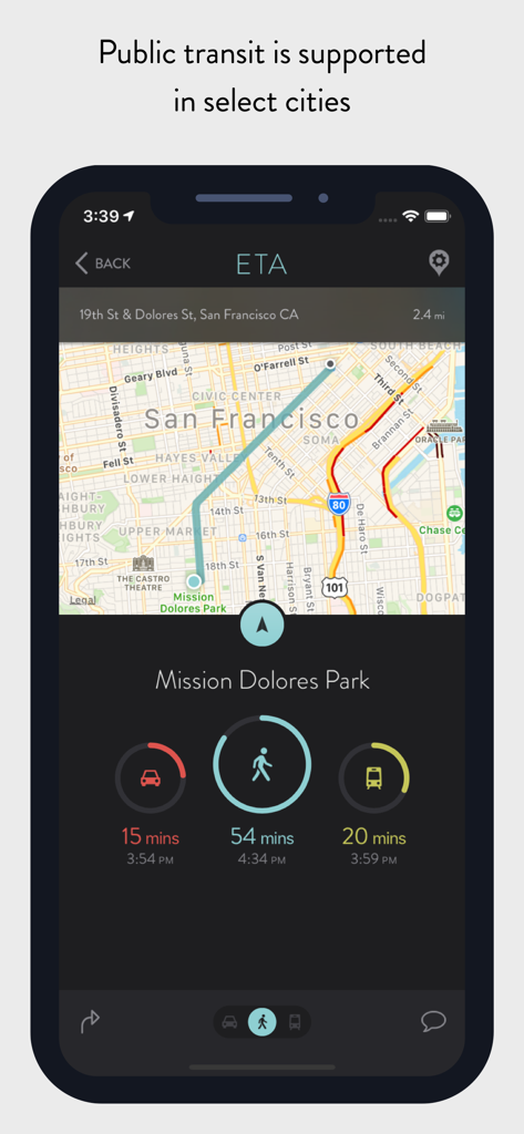 ETA - GPS & maps driving times - Pantalla de iPhone mostrando la aplicación ETA con tiempos de viaje en coche, a pie y en transporte público para Mission Dolores Park