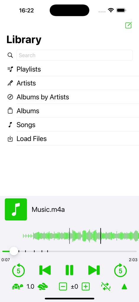 KQ Audio Player - Screenshot of KQ Audio Player showing the music library menu and playback interface with waveform and audio adjustment controls