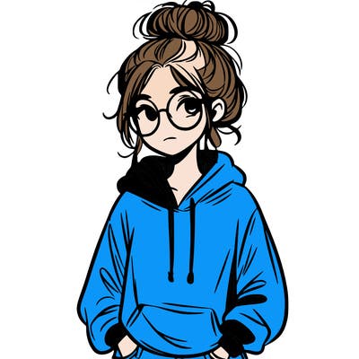 teen girl with a messy bun and glasses wearing a loose hoodie and jeans