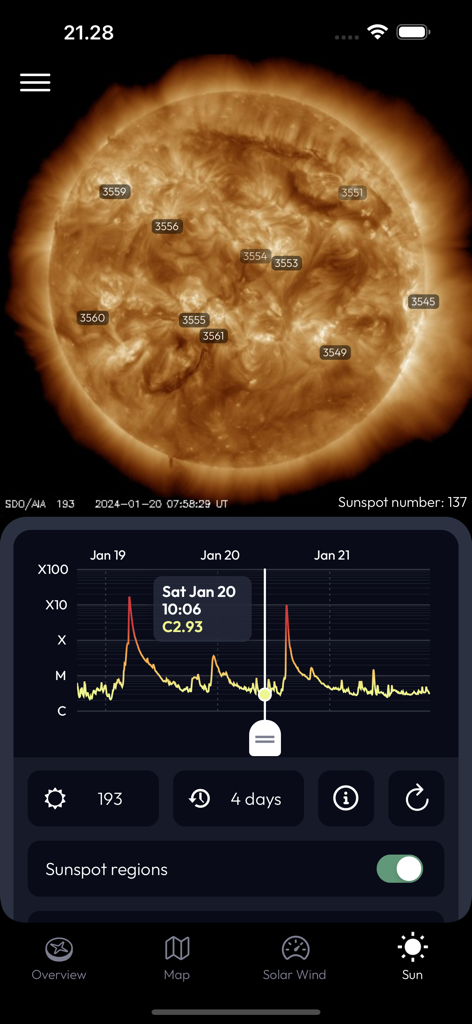 Aurora Compass - Pantalla de actividad solar en la aplicación Aurora Compass que muestra regiones de manchas solares y un gráfico de erupciones de rayos X