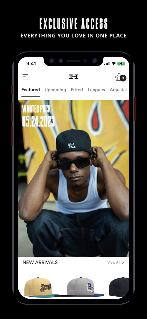 Hat Club app home screen featuring exclusive collection drops and new arrivals.