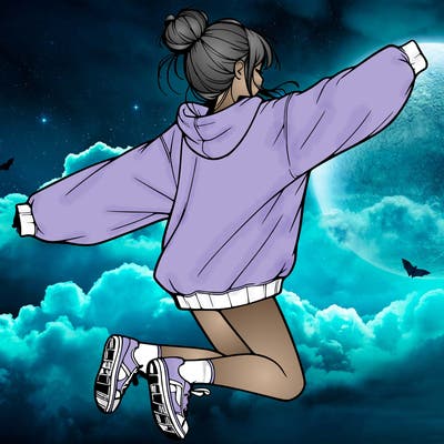 realistic girl jumping with a bun and oversized sweatshirt