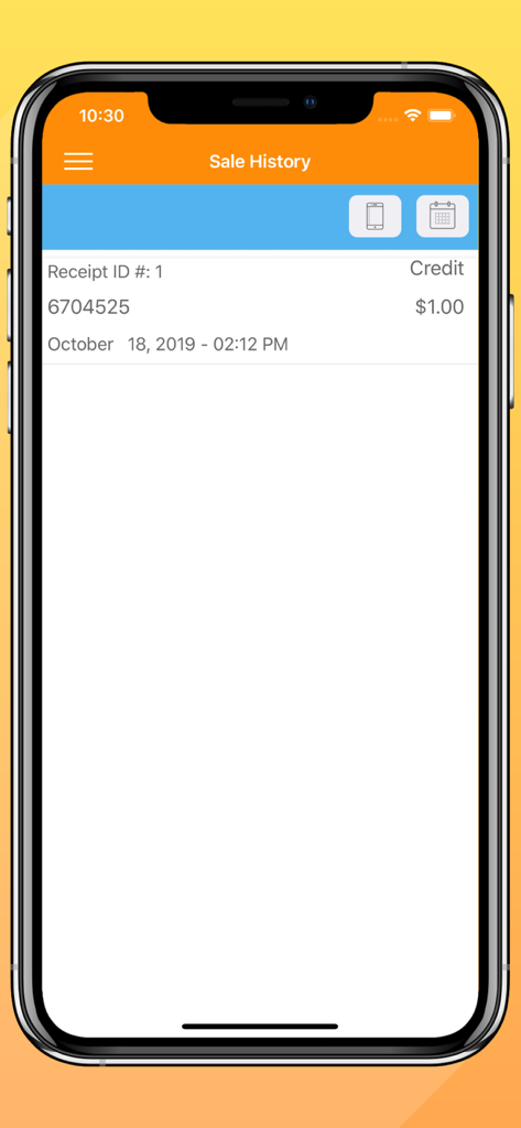 Sale history screen showing a credit transaction receipt for one dollar