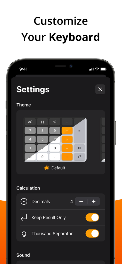 Calculator Keyboard - Calku - Settings menu of Calku app for customizing calculator keyboard themes and calculation preferences