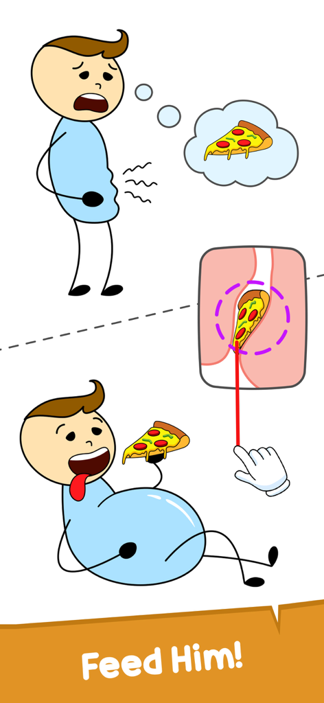 A cartoon brain puzzle level where the player helps feed a hungry character a slice of pizza