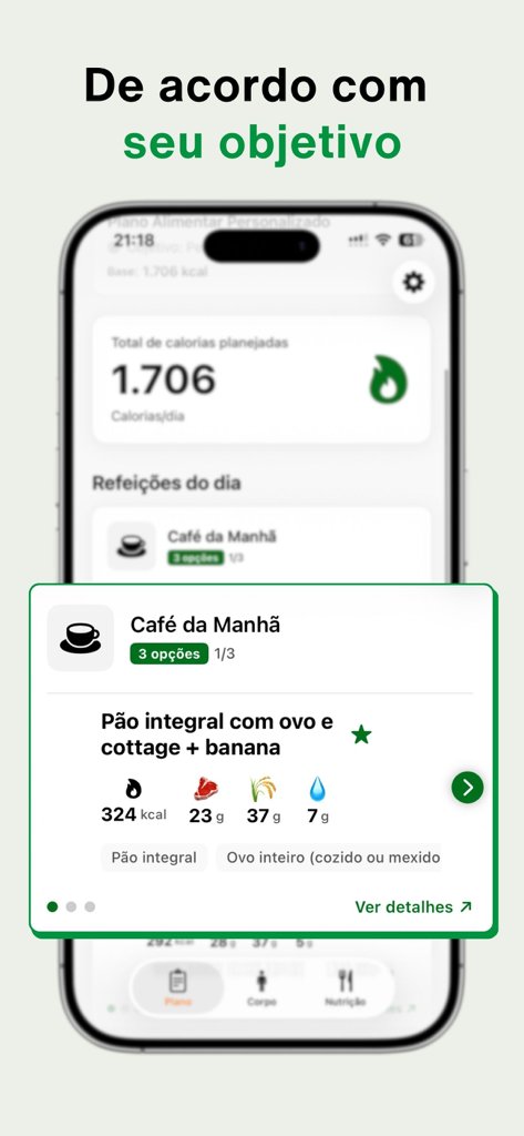 Dieta Já - Seu Nutri - Dieta Ja 앱의 개인 맞춤 아침 식사 메뉴 화면, 칼로리와 다량 영양소 표시