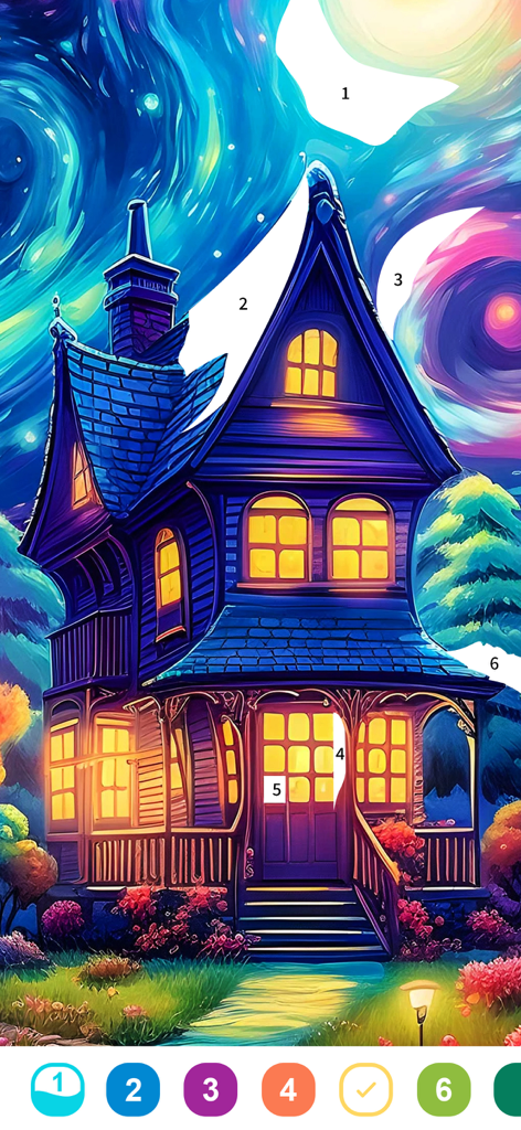 Eine skurrile Haus-Malvorlage mit einem wirbelnden Sternenhimmel in der Fantasy Color App