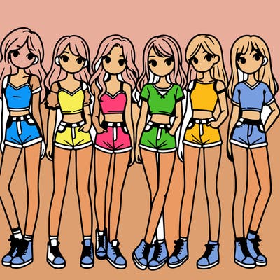 a group of girls wearing crop tops and shorts